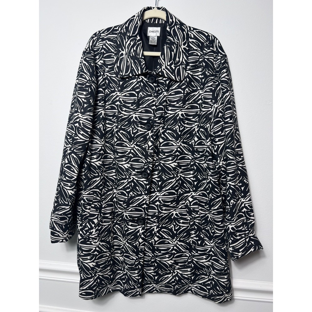 Chico's Black White Abstract Print Jacket Blazer Button Front XL/3 Artsy Travel